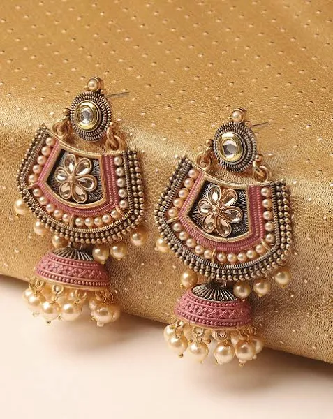 Pink Meenakari Kundan & Pearl Floral Ethnic Drop Jhumka Earrings